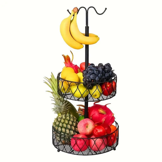 3-Tier Fruit Basket Stand with Banana Hanger Metal Wire Kitchen Storage